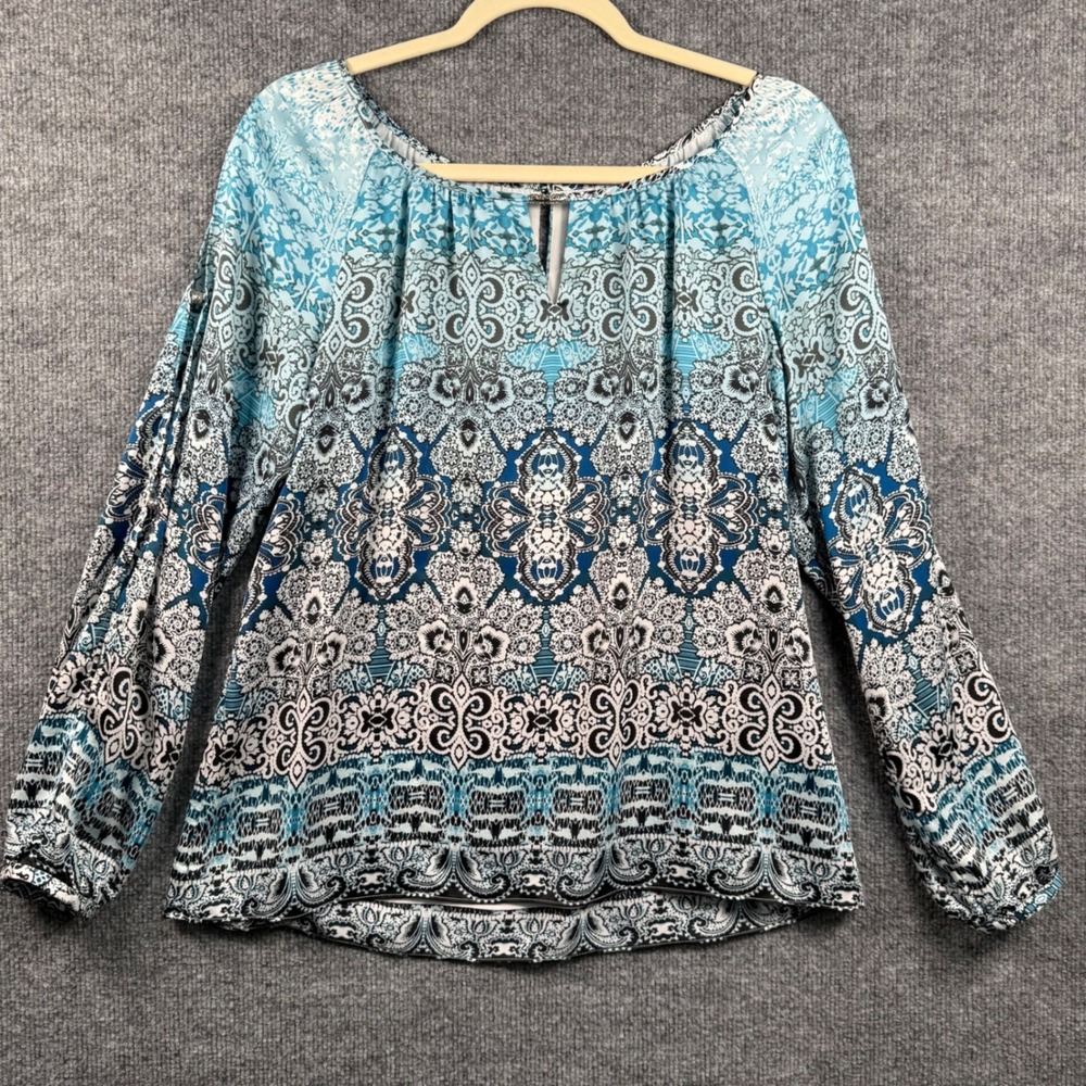 White House Black Market Small Blue Paisley Ombre Split Sleeve Blouse Breezy